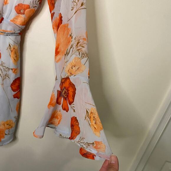 Lulus Long Sleeve Wrap Dress Orange Floral Fall Short Dress Ruffles Fairy XL - Picture 4 of 16